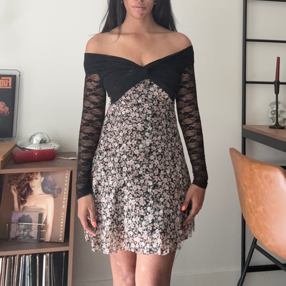 No Comment Black Floral Lace Off Shoulder Mini Dress RK533841 Medium